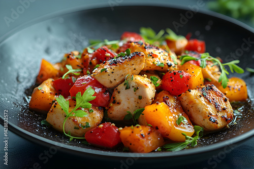 Obraz na płótnie Chicken Fajitas styled on dark grey background with clean plating and props w salonie