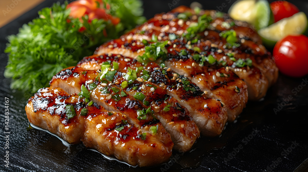 Chicken Katsu presented on a black textured surface with elegant side garnishing