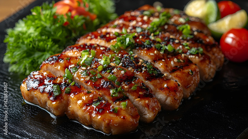 Obraz na płótnie Chicken Katsu presented on a black textured surface with elegant side garnishing w salonie