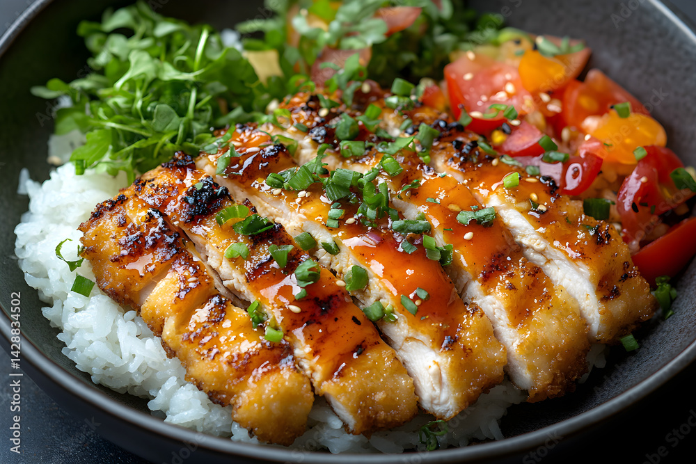 Chicken Katsu styled on dark grey background with clean plating and props