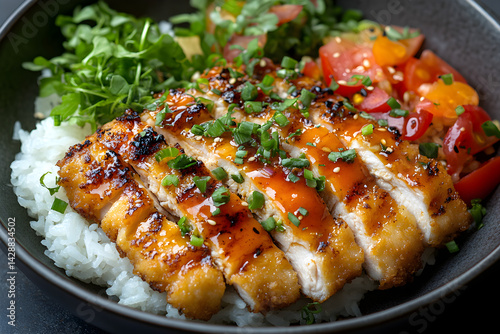 Chicken Katsu styled on dark grey background with clean plating and props