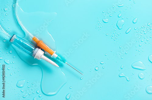 Empty dropper with sharp needle on water drops on blue background.