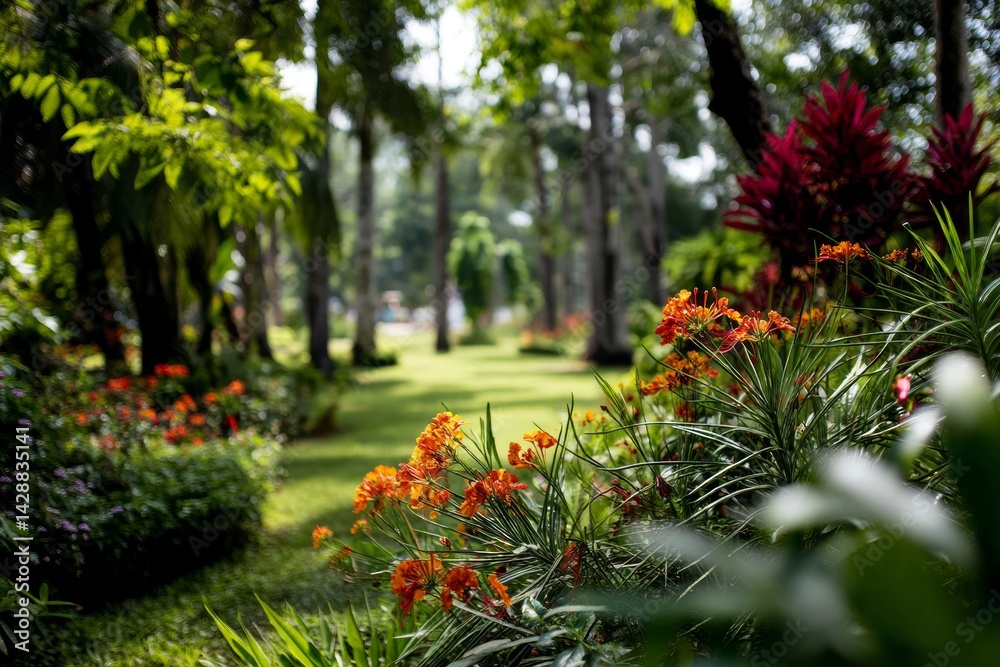 Botanical garden with lush greenery and vibrant flowers in the background.