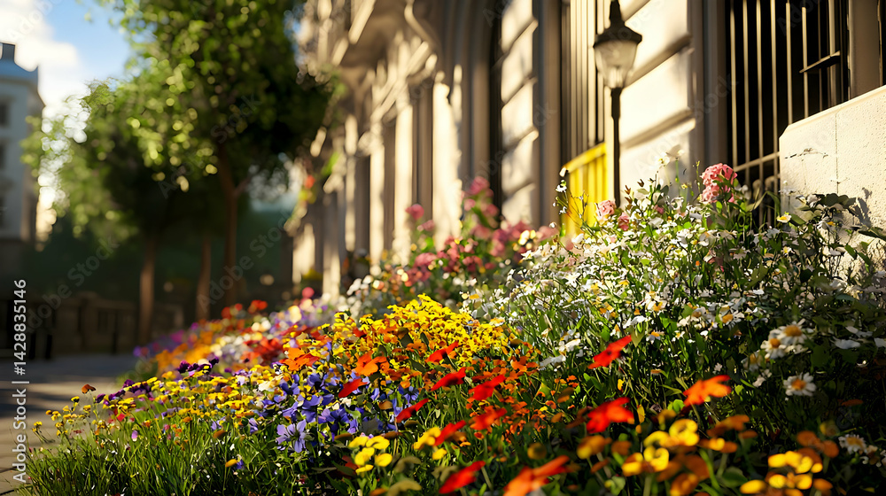 Fototapeta premium Colorful Flowers Border City Street Facade