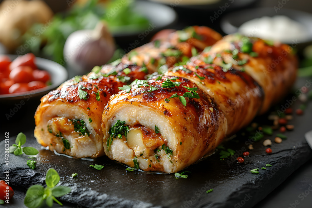 Chicken Kiev styled on rustic black stone table with side ingredients