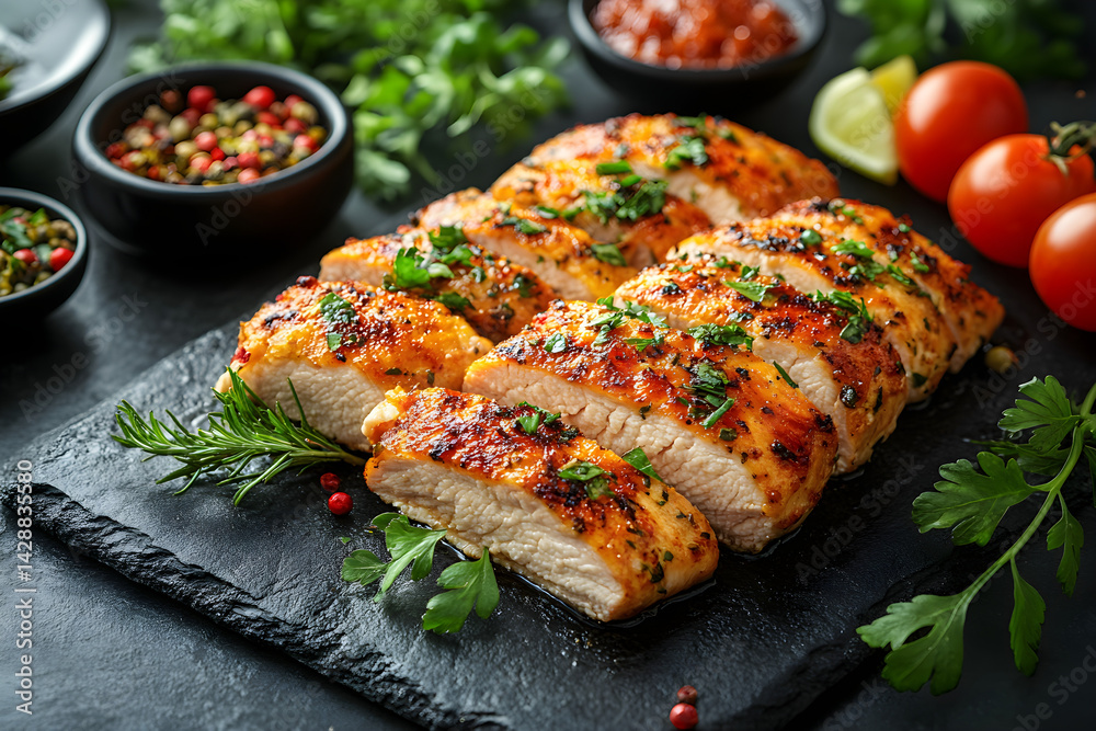 Chicken Kiev styled on rustic black stone table with side ingredients