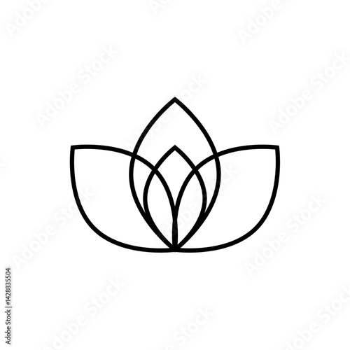 Geometric Lotus Icon: A minimalistic black lotus blossom gracefully unfolds, its clean lines and symmetry reflecting purity, harmony, and spiritual awakening in its elegant form.