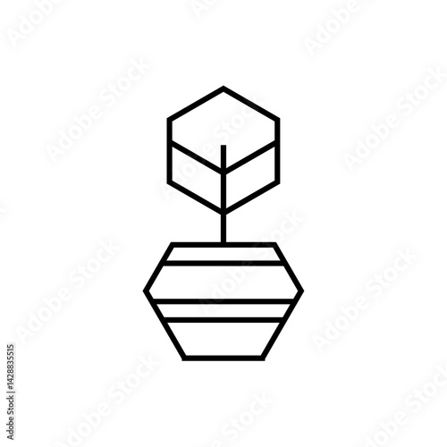 Geometric Plant Icon: A minimalist linear illustration of a potted plant, a geometric representation perfect for design and conceptual applications. 