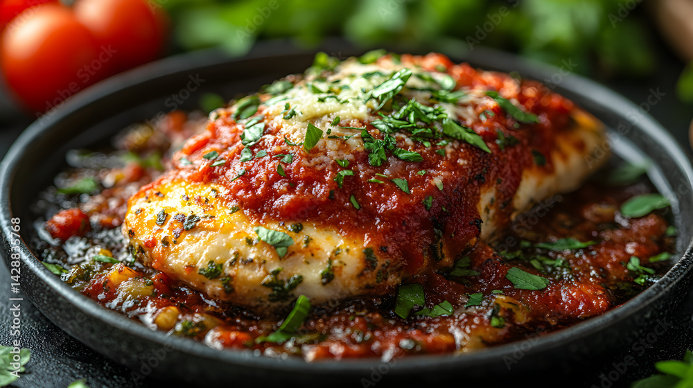 Chicken Parmesan served on dark grey textured plate with fresh garnish top view