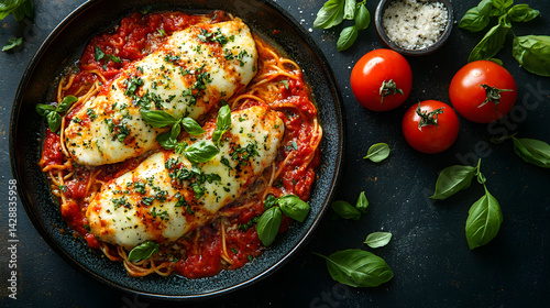 Chicken Parmesan served on dark grey textured plate with fresh garnish top view