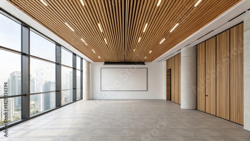 A modern, spacious office interior featuring large windows, wooden ceilings, and minimalistic design elements.