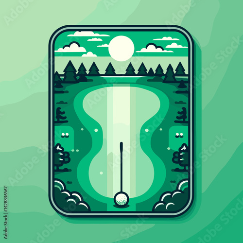 Illustration of a golf course landscape with ball and sun in a green tone