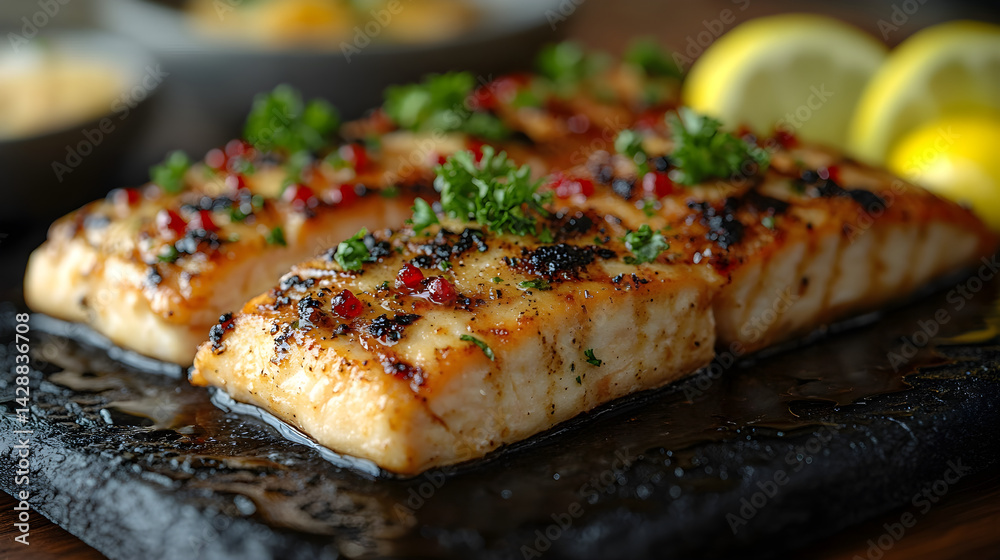 Chicken Piccata presented on a black textured surface with elegant side garnishing