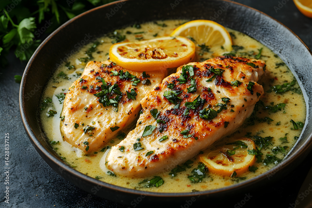 Chicken Piccata styled on dark grey background with clean plating and props
