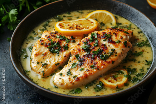 Obraz na płótnie Chicken Piccata styled on dark grey background with clean plating and props w salonie