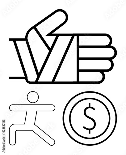 Bandaged thumbs-up symbolizes positivity, human figure represents fitness, coin indicates finances. Ideal for health, motivation, productivity, wealth, community, well-being and a simple landing