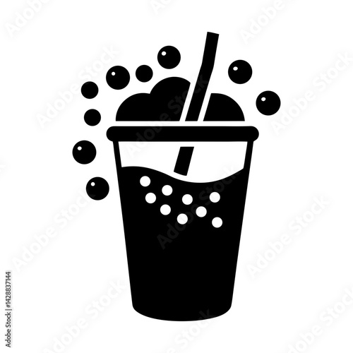 Refreshing soda drink with straw and bubbles icon silhouette