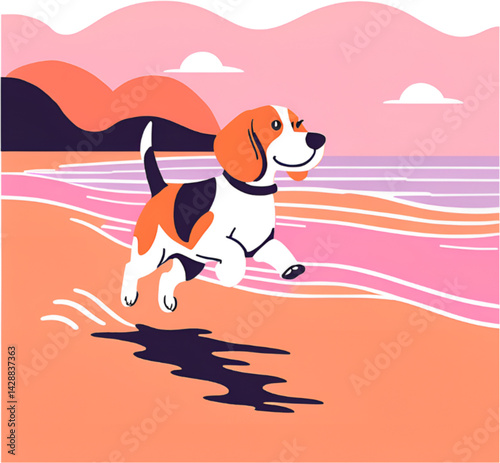 Joyful Cartoon Beagle on a Scenic Beach at Sunset