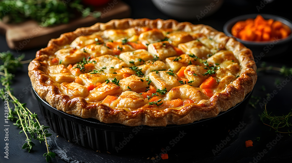 Chicken Pot Pie presented on a black textured surface with elegant side garnishing