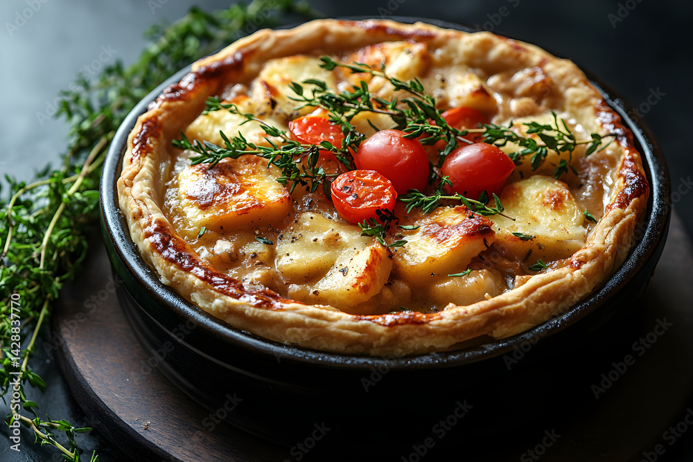 Chicken Pot Pie styled on dark grey background with clean plating and props