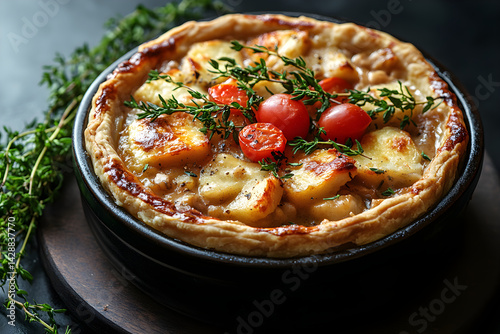 Obraz na płótnie Chicken Pot Pie styled on dark grey background with clean plating and props w salonie