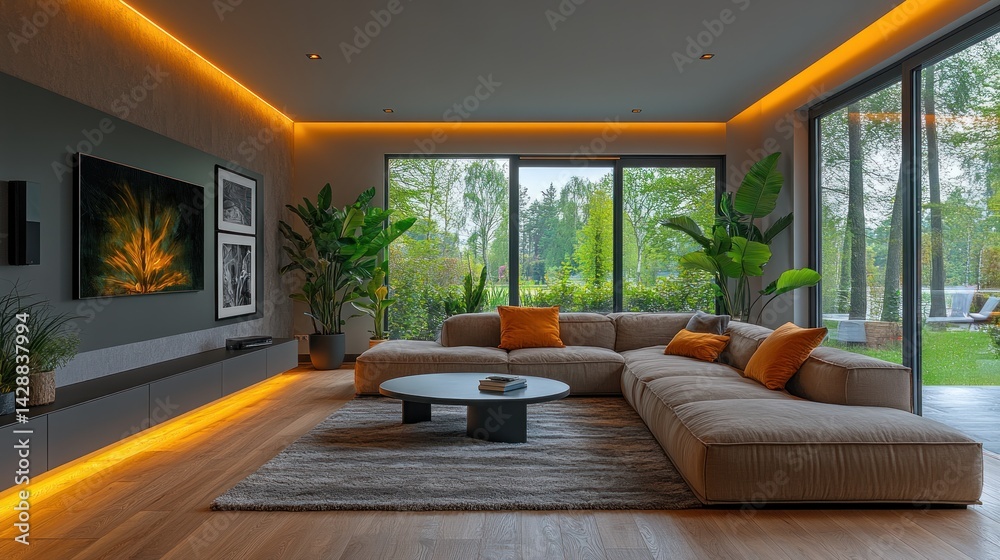 Fototapeta premium Modern Living Room Interior Design with Ambient Lighting and Sectional Sofa