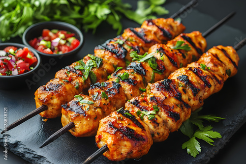 Chicken Satay styled on rustic black stone table with side ingredients
