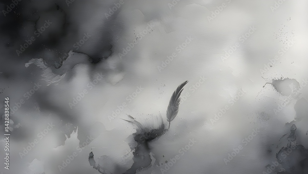 Obraz premium Feather Floating in Abstract Black and White Watercolor