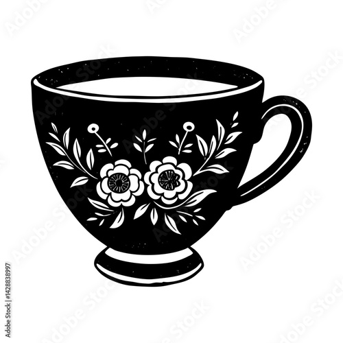 Floral teacup illustration vintage style graphic silhouette