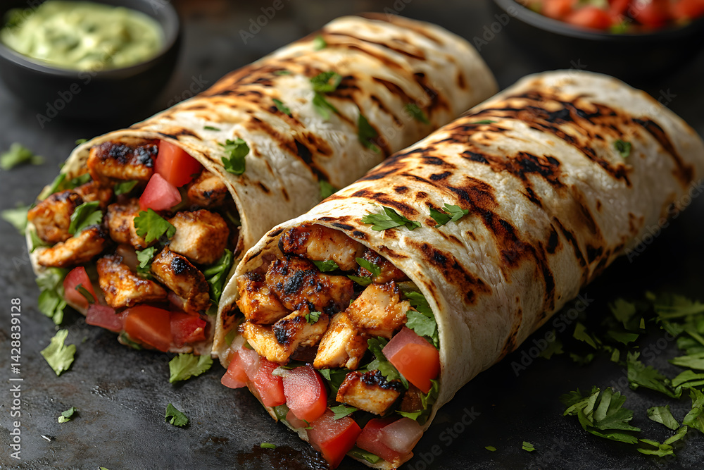 Chicken Shawarma Wrap styled on dark grey background with clean plating and props