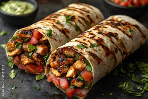 Obraz na płótnie Chicken Shawarma Wrap styled on dark grey background with clean plating and props w salonie