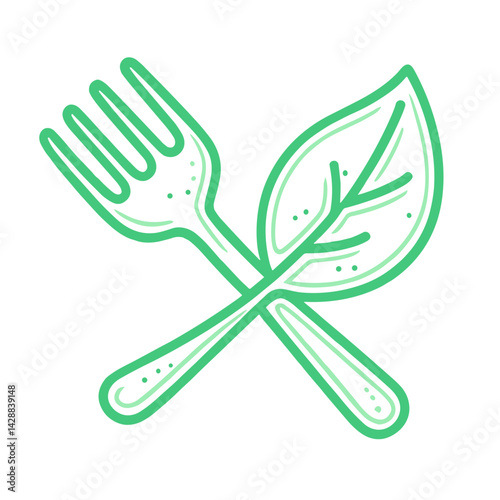 Outline illustration of a fork and leaf crossed