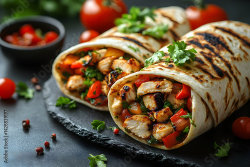 Obraz na płótnie Chicken Shawarma Wrap styled on dark grey background with clean plating and props w salonie