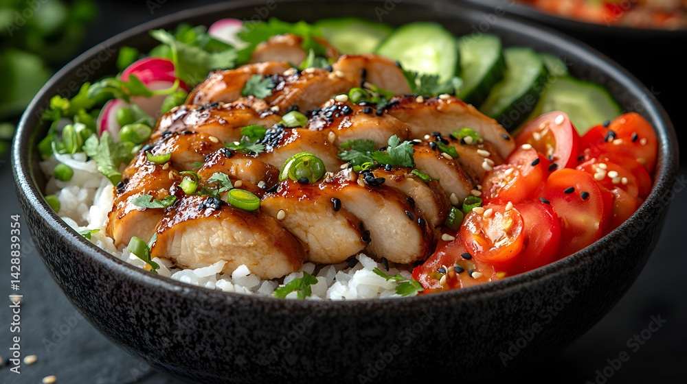 Chicken Teriyaki Bowl presented on a black textured surface with elegant side garnishing