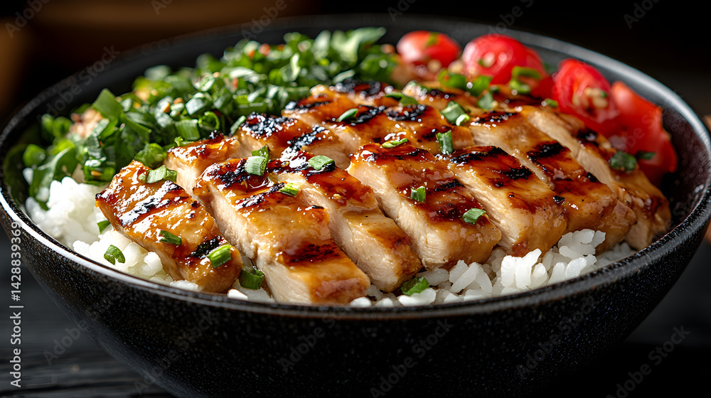 Chicken Teriyaki Bowl presented on a black textured surface with elegant side garnishing