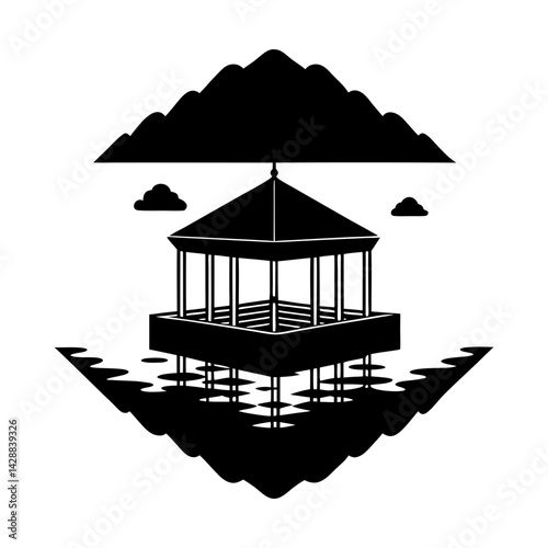 Gazebo scenic view on water with mountain behind silhouette