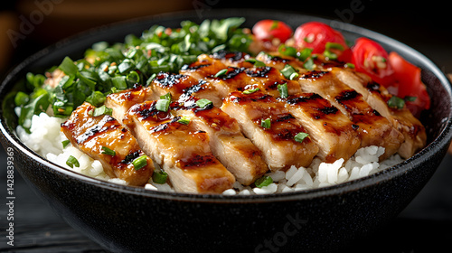 Obraz na płótnie Chicken Teriyaki Bowl presented on a black textured surface with elegant side garnishing w salonie