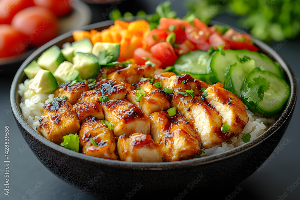 Chicken Teriyaki Bowl styled on dark grey background with clean plating and props