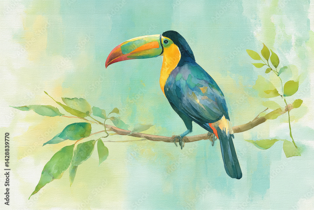 Fototapeta premium Vibrant watercolor toucan perched on a branch in a lush green environment showcasing its brightly colored beak