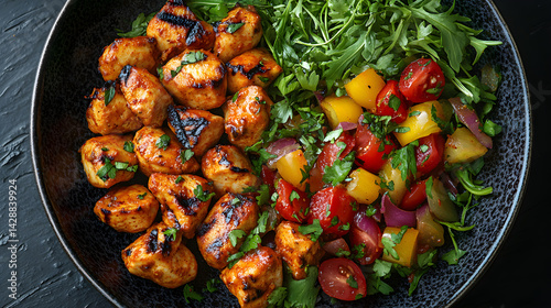 Obraz na płótnie Chicken Tikka Masala served on dark grey textured plate with fresh garnish top view w salonie