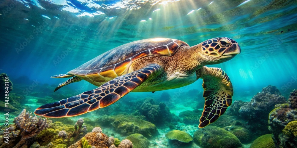 Fototapeta premium Majestic Sea Turtle Gracefully Navigating a Vibrant Coral Reef Ecosystem Underneath a Sunlit Ocean Surface