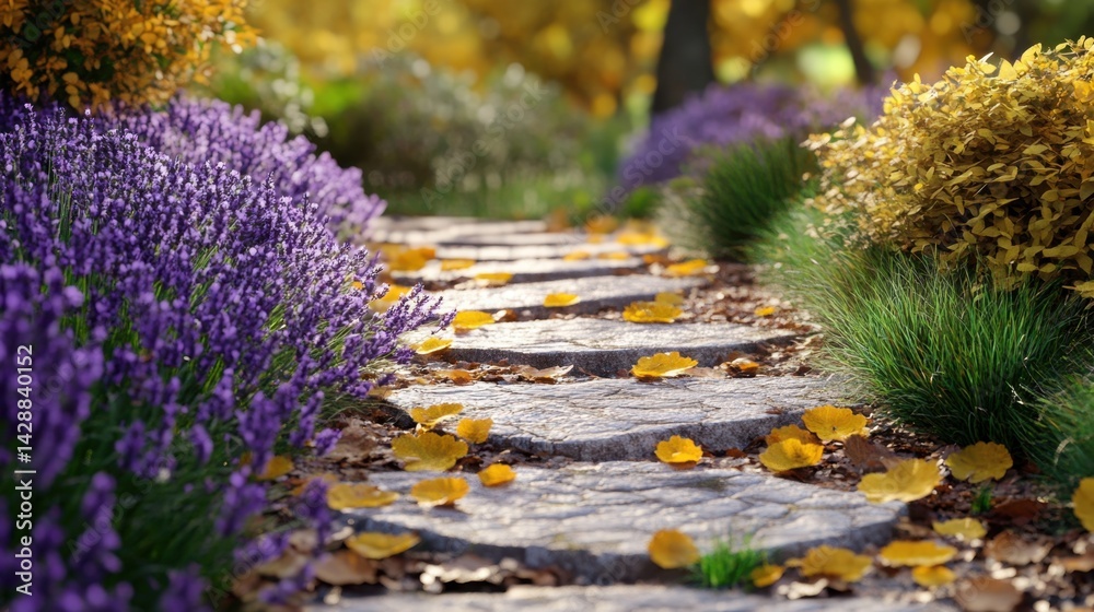 Obraz premium Curved stone path winding through a garden of lavender and yellow flowers with scattered autumn leaves.