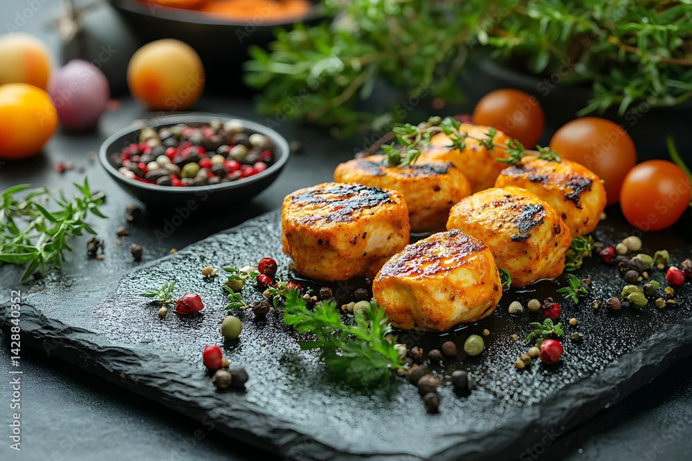 Chicken Tikka Masala styled on rustic black stone table with side ingredients