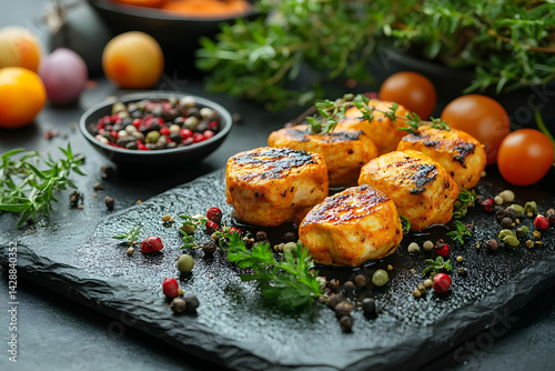 Obraz na płótnie Chicken Tikka Masala styled on rustic black stone table with side ingredients w salonie