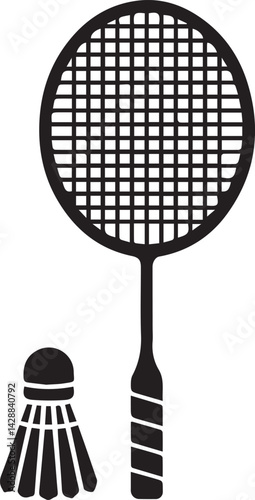 badminton racket and shuttlecock icon over white background, silhouette style, vector illustration