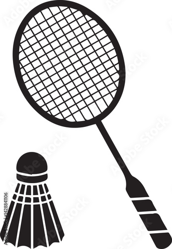 badminton racket and shuttlecock icon over white background, silhouette style, vector illustration