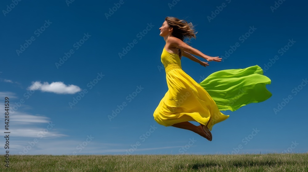 Fototapeta premium Joyful Woman in Yellow Dress Leaping Against a Bright Blue Sky
