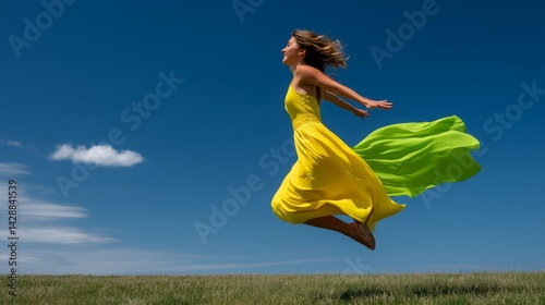 Joyful Woman in Yellow Dress Leaping Against a Bright Blue Sky