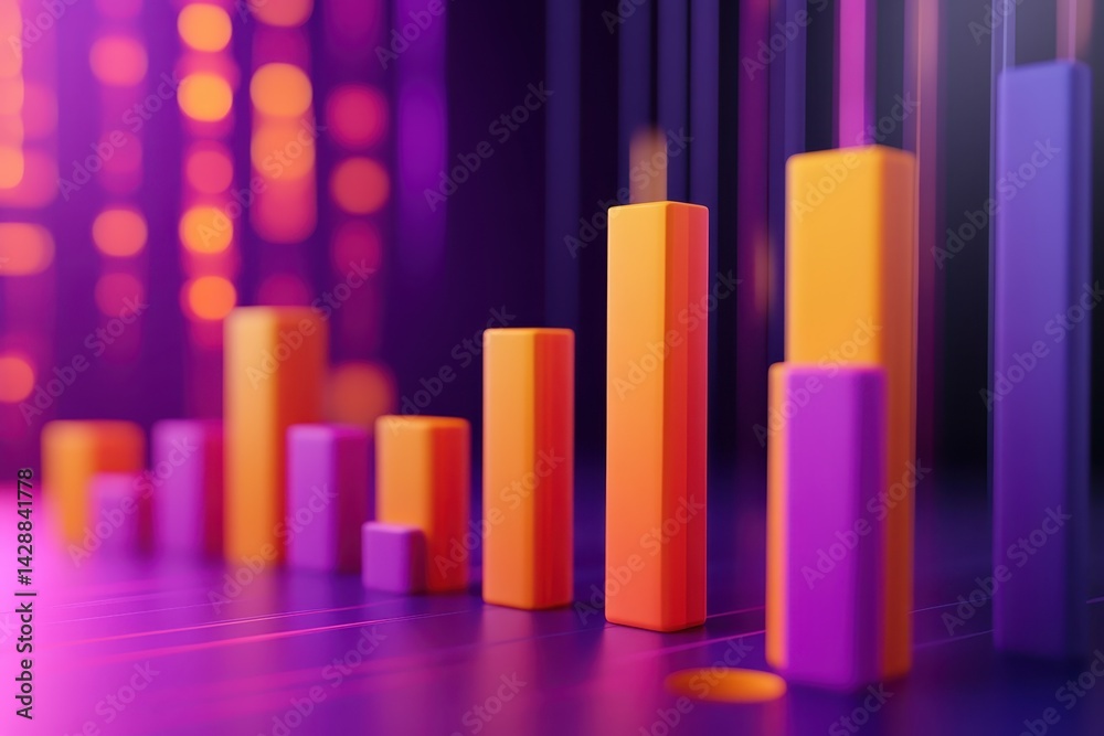 A colorful 3D bar graph showcasing statistical data with purple and orange colors