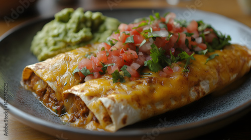 Obraz na płótnie Chicken enchiladas with cheese and salsa, served with a side of guacamole w salonie